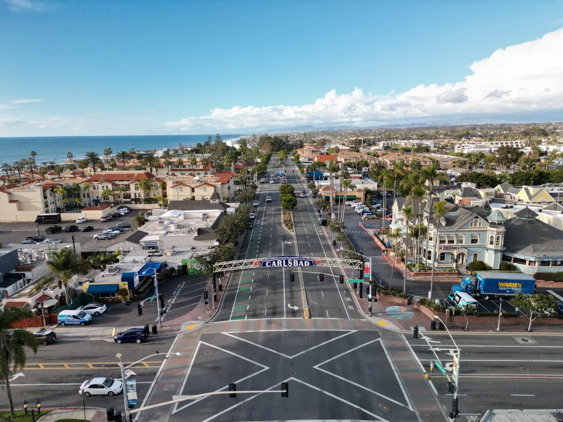 Aerial view of Carlsbad Village Drive and downtown Carlsbad